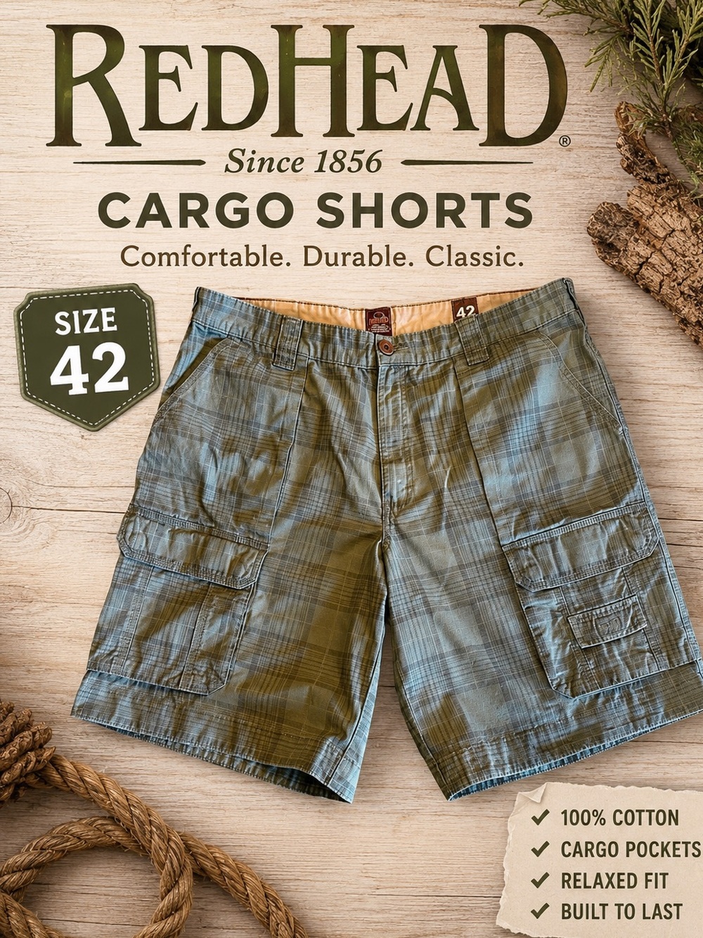 RedHead Men’s Plaid Cargo Shorts / Size 42 / Outdoor Hiking Utility